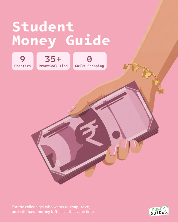 Book cover of 'Student Money Guide' with a hand holding money on a pink background